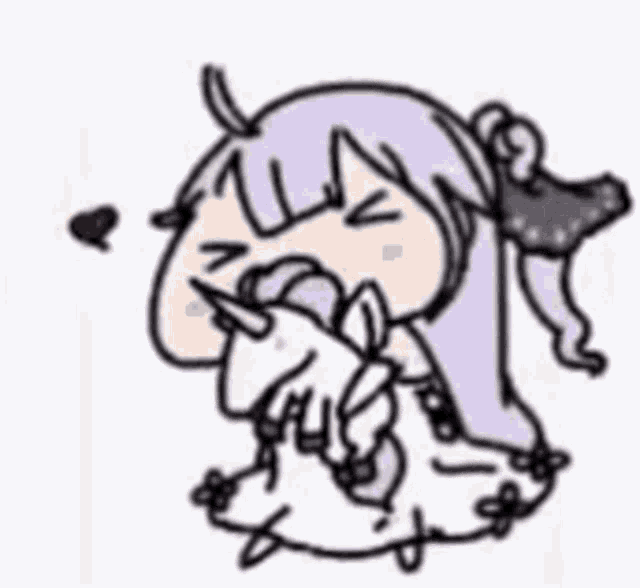 a girl with purple hair is holding a unicorn in her hand .