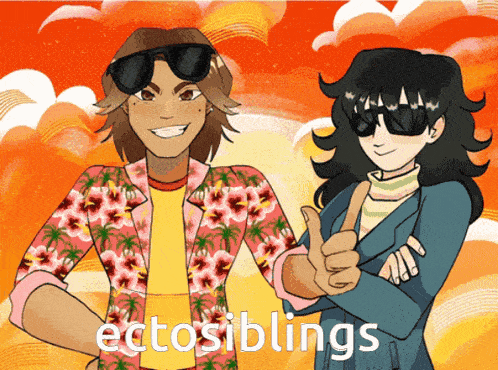 a cartoon of a man and a woman giving a thumbs up with the words " ectosiblings " below them