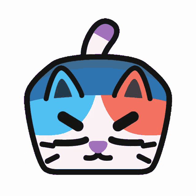 a cartoon drawing of a cat 's face with a purple tail
