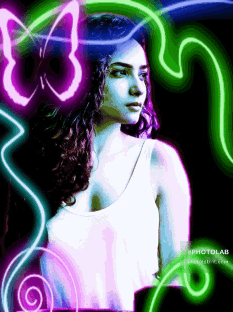 a woman in a white tank top is surrounded by neon swirls and butterflies
