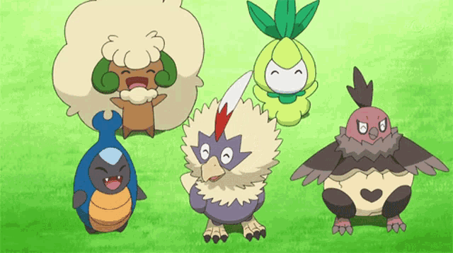 a group of cartoon characters are standing in a grassy field