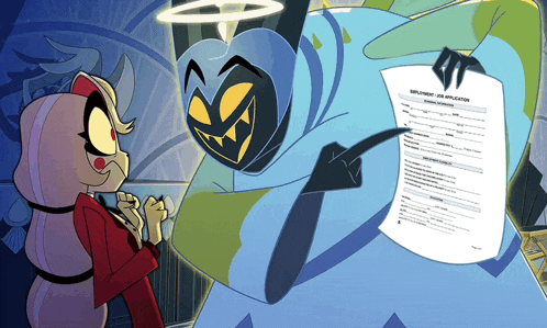 a cartoon character holding a job application form