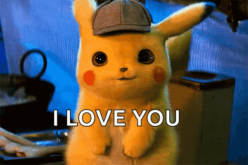 a pikachu wearing a hat says i love you .