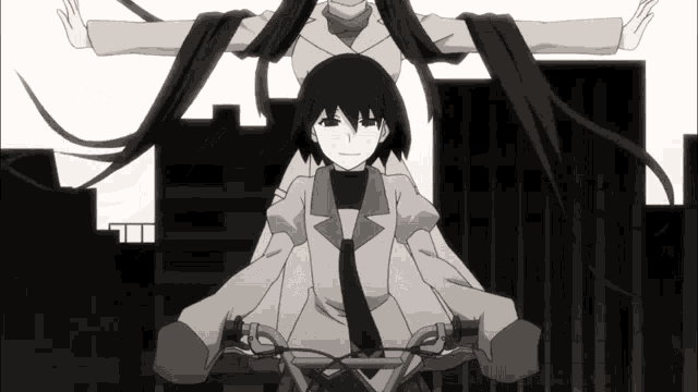 a black and white drawing of a girl riding a bike