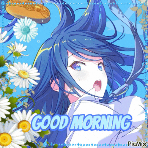 a picture of a girl with blue hair and the words " good morning "