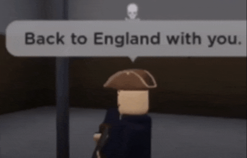 a man in a hat is standing in front of a speech bubble that says back to england with you .
