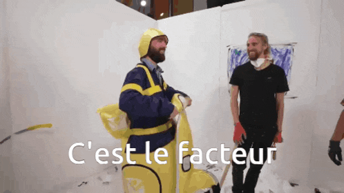 two men are standing next to each other with the words c'est le facteur written on the bottom