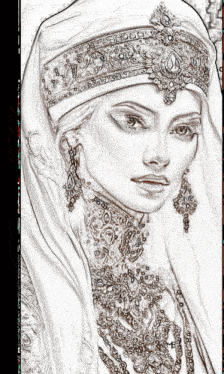 a black and white drawing of a woman wearing a turban