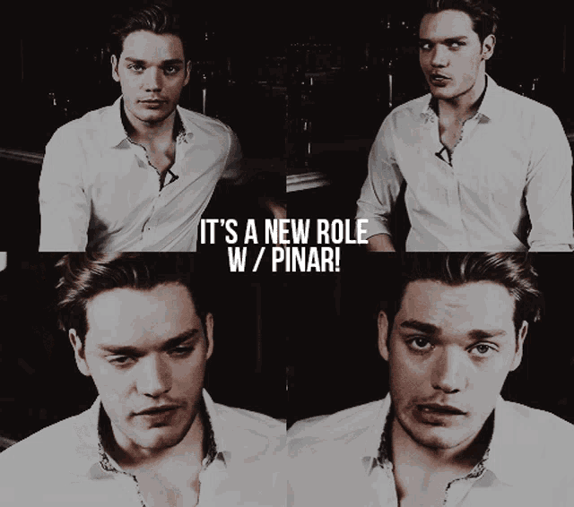 a man in a white shirt with the words " it 's a new role w / pinar " above him