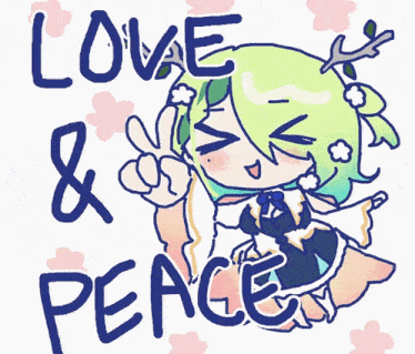a drawing of a girl giving a peace sign with the words love and peace behind her