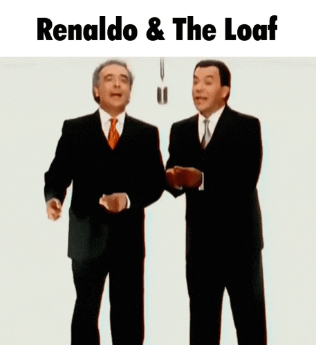 two men in suits and ties are standing next to each other with the words " renaldo & the loaf " above them