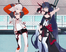 two anime girls are standing next to each other in front of a chain link fence .
