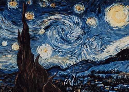 a painting of a starry night sky with a tree in the middle