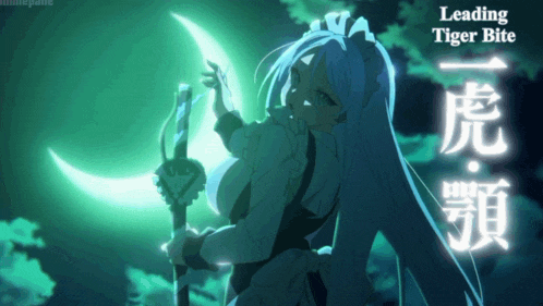 a cartoon of a maid holding a sword with leading tiger bite written on the bottom