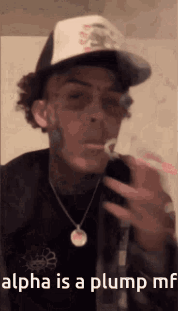 a man wearing a hat and a necklace smoking a cigarette with the words alpha is a plump mf below him