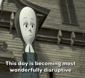 a cartoon character is standing in front of a house and says `` this day is becoming most wonderfully disruptive ''