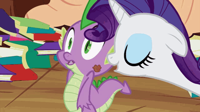a cartoon of a purple dragon and a white pony