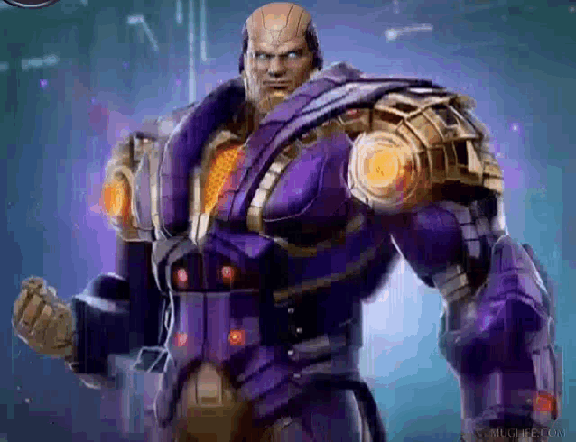 a man in a purple suit and gold armor is standing in front of a blue background .
