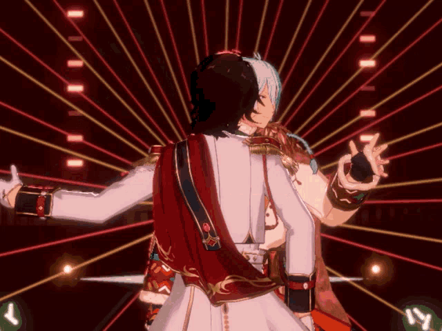 a couple of anime characters are dancing in front of a red background with the letter y on it