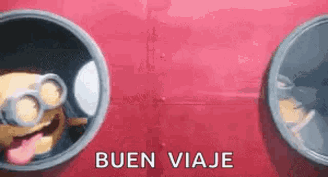 a minion is sitting in a trash can with the words `` buen viaje '' written on it .