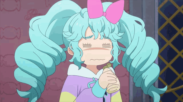 a cartoon character with blue hair and a pink bow