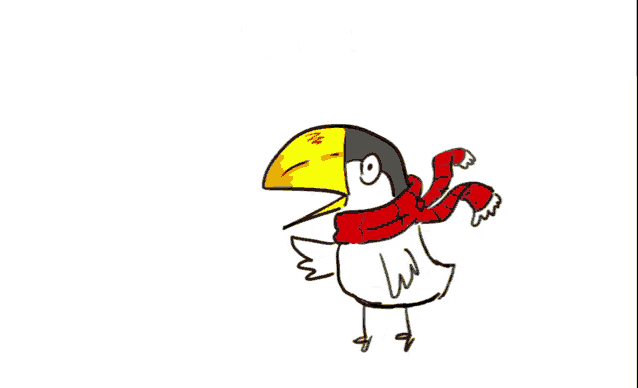 a drawing of a bird wearing a red scarf with korean writing behind it
