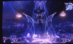 a woman in a witch hat is sitting on a throne with a purple background