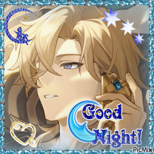 a picture of a man holding a cell phone with the words good night