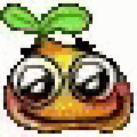a pixel art illustration of a cartoon character with a green leaf on top of it .