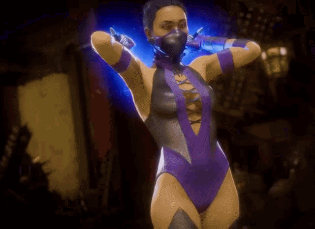 a woman in a purple bodysuit with a black mask on her face
