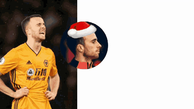 a man wearing a santa hat is next to a man wearing a yellow shirt that says manbet