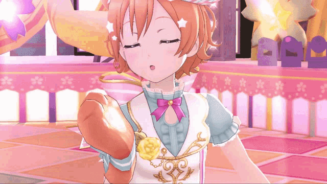 a girl in a blue and white outfit is holding a loaf of bread in her hand