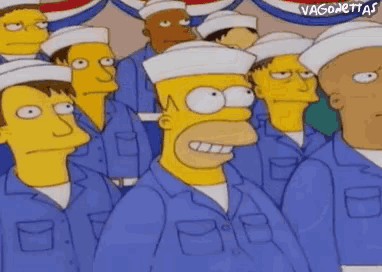a cartoon of homer simpson standing in a line with other sailors