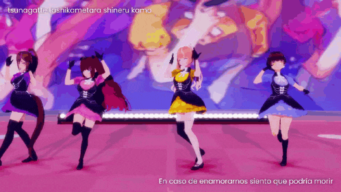 a group of anime girls are dancing on a stage with the words " en caso de enamoramos siento que podria morir " at the bottom