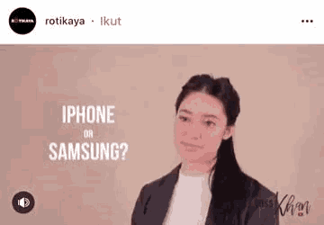 a woman is standing in front of a sign that says `` iphone or samsung ? ''