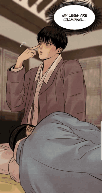 a man in a kimono is standing next to a woman laying on a bed with a caption that says my legs are cramping