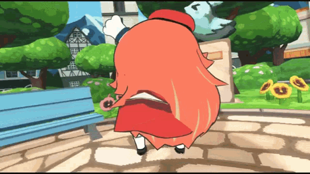 a cartoon character with red hair and a red hat is standing in a park