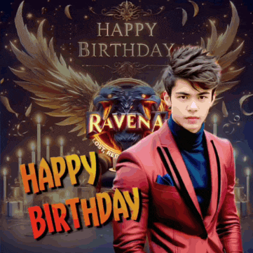a man in a red suit stands in front of a poster that says " happy birthday "