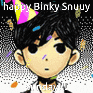 a picture of a boy wearing a party hat that says happy binky snuuy sunday !!!
