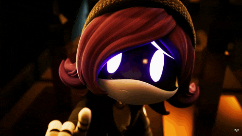 a cartoon character with purple hair and a glowing u good sign on her face