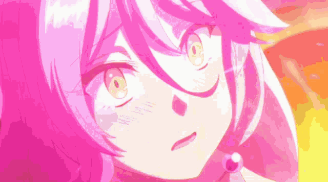 a girl with pink hair and yellow eyes looks at the camera