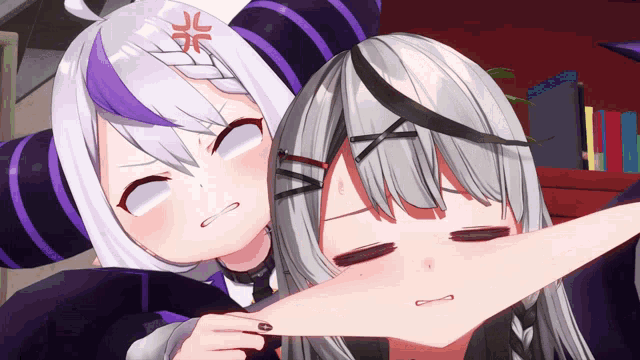 a cartoon character with a purple stripe on her head is holding another character 's head