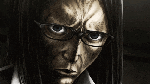 a drawing of a woman wearing glasses with a very angry look on her face