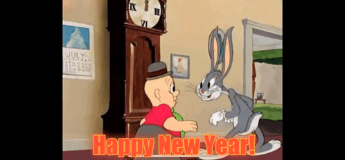 a cartoon of bugs bunny and looney tunes says happy new year