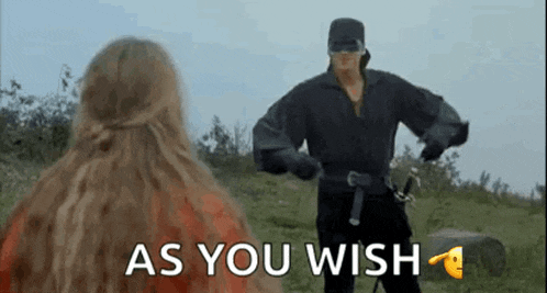 a man and a woman are standing in a field with the words `` as you wish '' written on the screen .