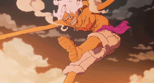 a cartoon character with a pink scarf around his waist is jumping in the air
