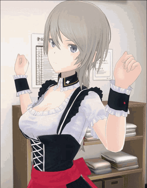 a girl in a maid outfit is standing in front of a shelf with clothes on it