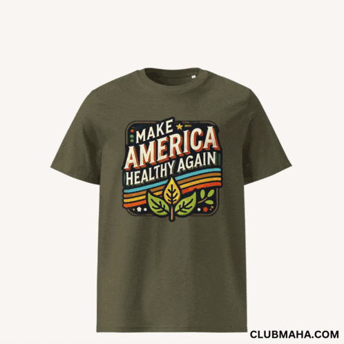 a black t-shirt that says make america healthy again is next to a green t-shirt that says make america healthy again