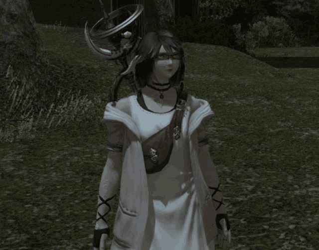 a woman in a white dress and glasses is standing in a field