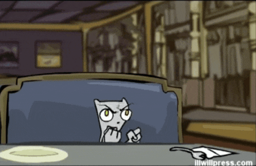 a cartoon of a cat sitting at a table with illwillpress.com written on the bottom right